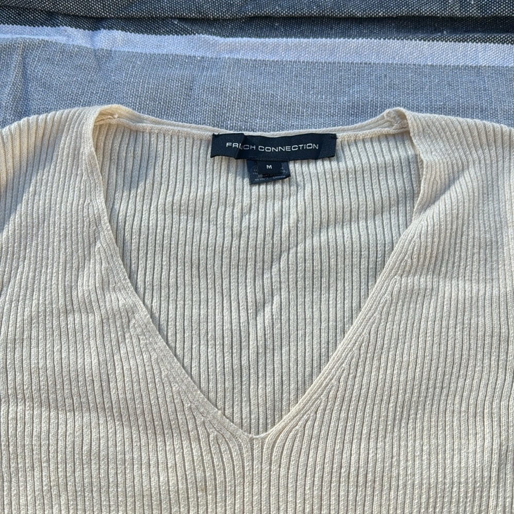 French Connection Virgie White Ribbed Bell Sleeve Sweater, Medium - Picture 4 of 7